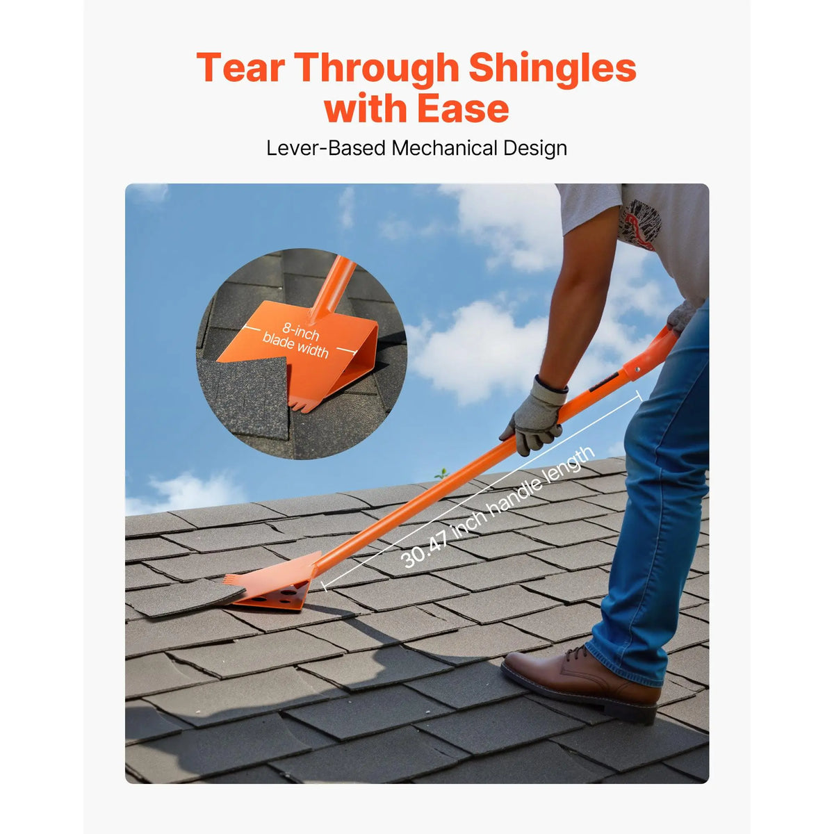 VEVOR 4-Piece D-Grip Handle Shingle Shovels - Durable Metal Shovels with 30.47-in Lever, 45# Steel Blade, Shock Absorbent Lightweight PP Soft Grip, Roof Demolition & Nail Tearing Tool for Residential Use, Orange#SohoChic