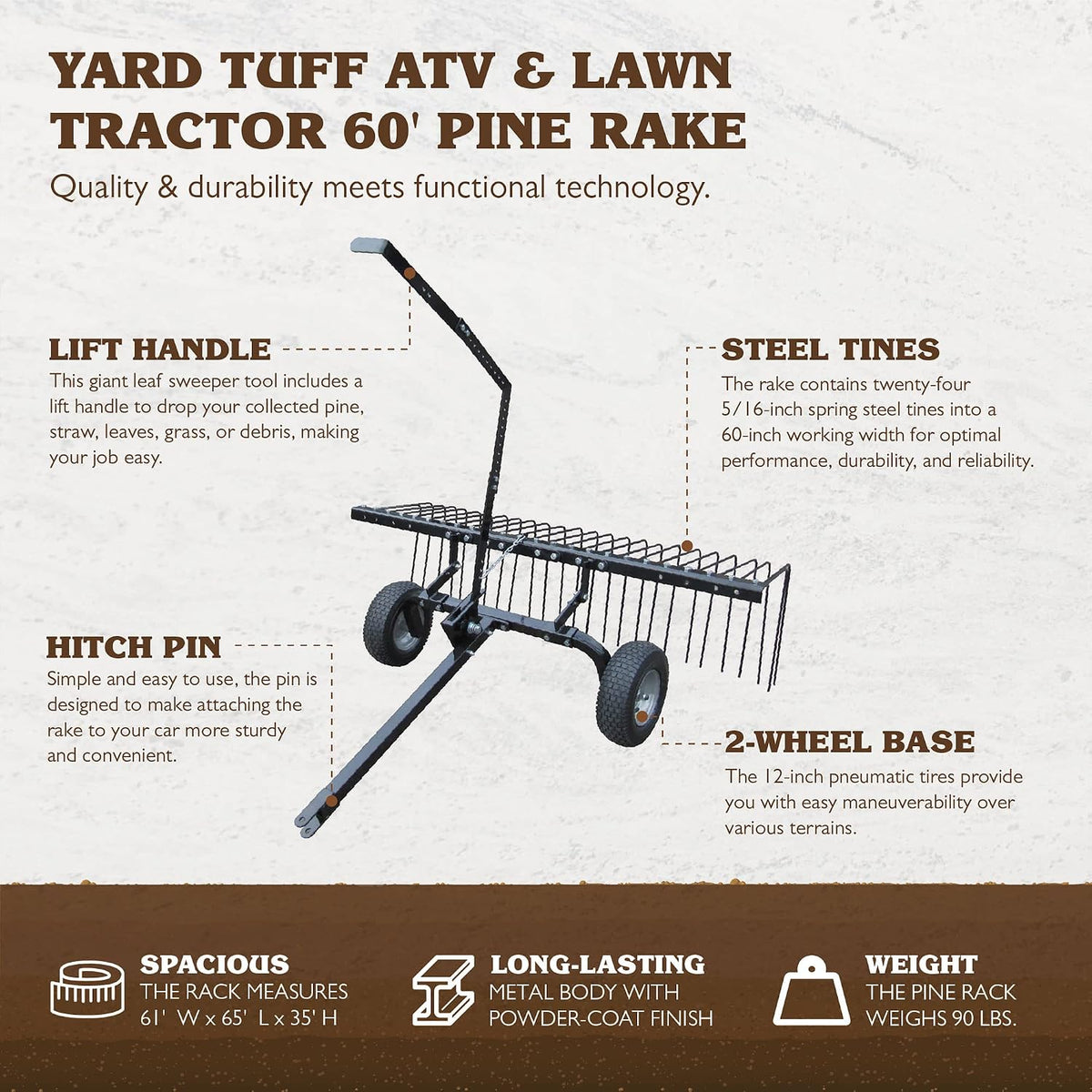 Yard Tuff Steel Pine Straw Rake and Lawn Sweeper, 24 Spring Tines, 60-Inch