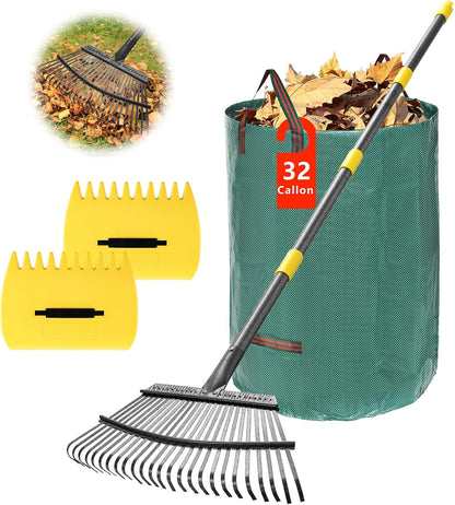 Rake for Leaves - 25 Tines Heavy Duty Metal Rake Set with Leaf Scoops & Collector Bag, Adjustable Rakes for Lawns, 3-in-1 Leaf Collection Tool for Efficient Yard Pine Needle Grass Cleanup 5FT