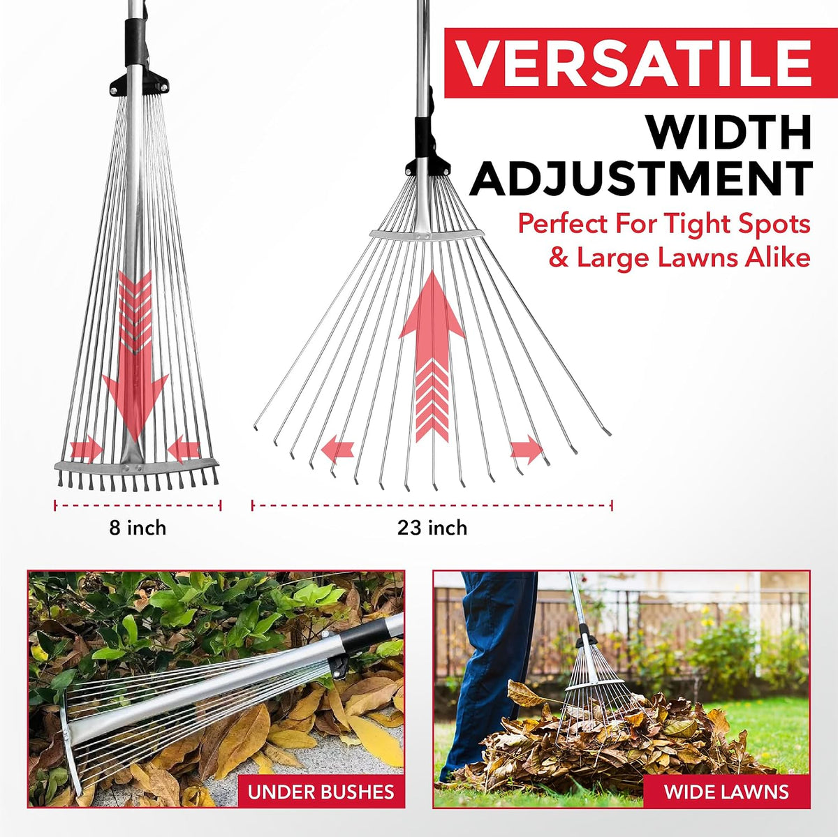 TABOR TOOLS J16A Adjustable Metal Leaf Rake with Expandable Head 8-23", Collapsible & Telescopic Grass Rake for Lawns, Garden & Yard, Ideal for Leaves, Shrubs & Small Areas