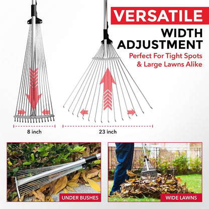 TABOR TOOLS J16A Adjustable Metal Leaf Rake with Expandable Head 8-23", Collapsible & Telescopic Grass Rake for Lawns, Garden & Yard, Ideal for Leaves, Shrubs & Small Areas