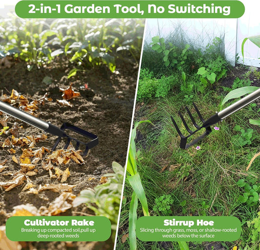 Garden Hoe,2 in 1 Heavy Duty Stirrup Hoe and Cultivator Gardening Tool with 75” Adjustable Long Handle,Lightweight Weeding Rake for Fast Weeds Grass Removal,Cultivating,Loosen Soil, Sharp Blade