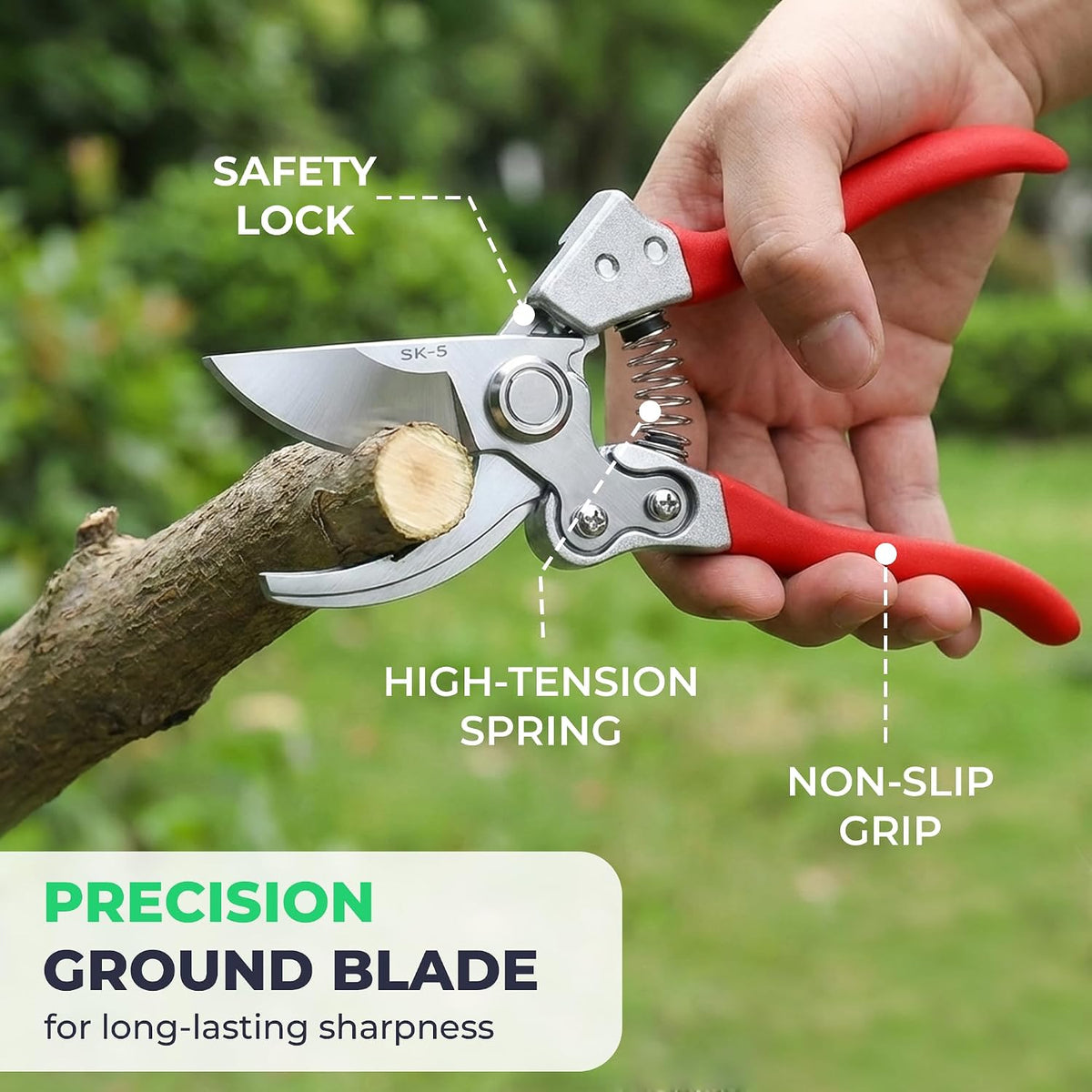Flora Bypass Pruning Shears, SK5 Steel Safety Lock, Cuts Up to 1" Stems
