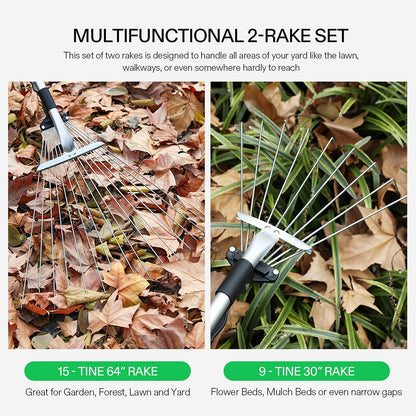 VIVOSUN 2-Piece Leaf Rake Set - Adjustable Garden/Camping Rake with 15/9 Tines, Collapsing Tines & Telescopic Handle (64'' & 30'')