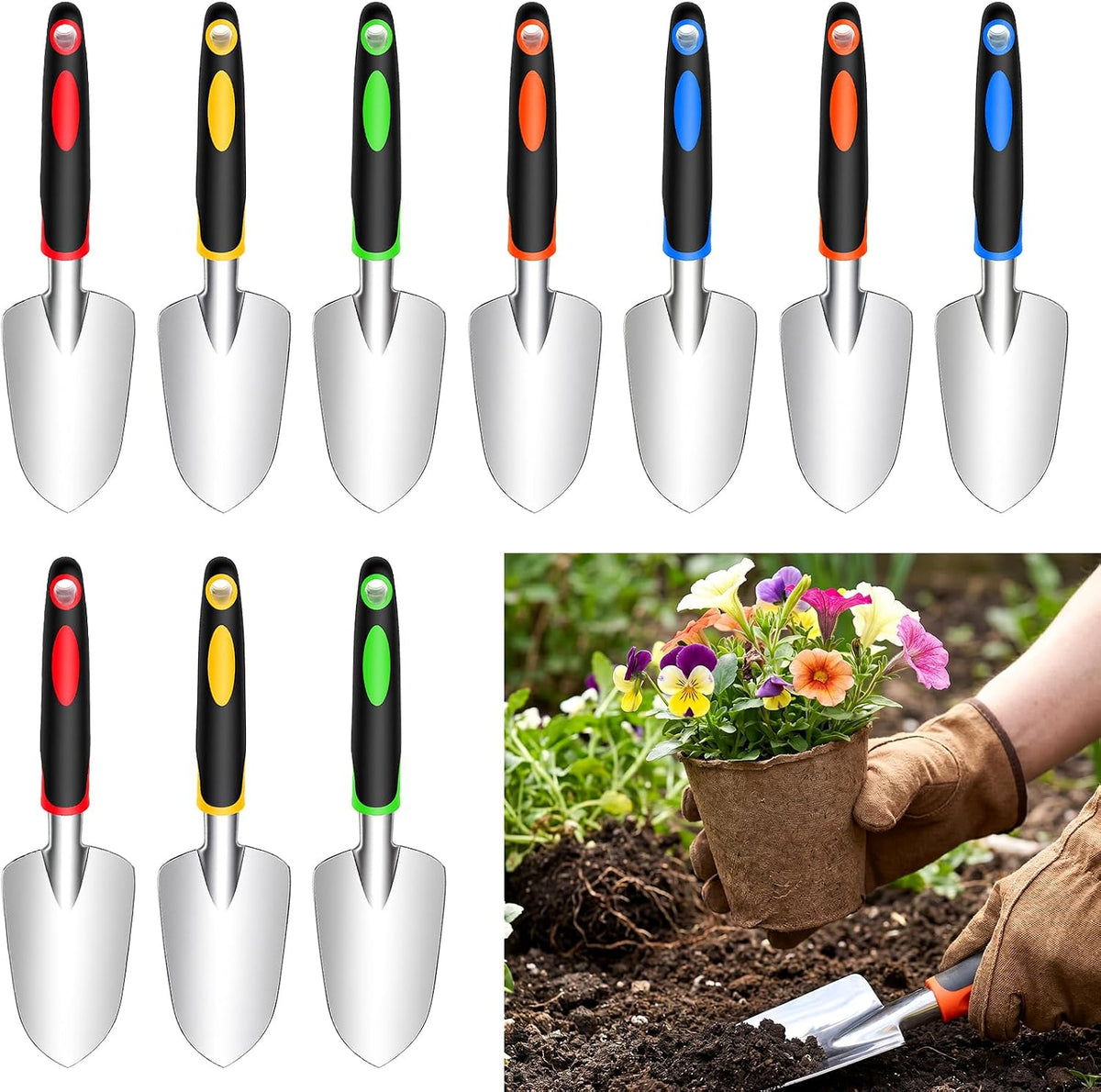 10 Pack Garden Hand Trowel, Aluminum Alloy Heavy Duty Small Shovel Set for Digging, Weeding & Transplanting, Ergonomic Non-Slip TPR Handle, Rustproof Metal Hand Spade for Lawn Yard Farm Planting