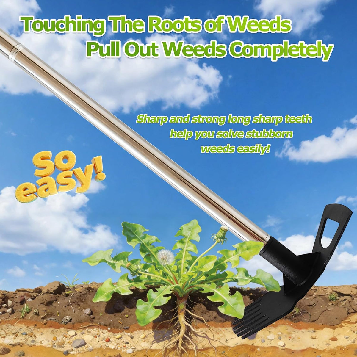 Weed Rake and Garden Hoe,7-Tine Manual Weeder Remover Tool,4-Section Adjustable 2 in 1 Hoe and Rake for Heavy-Duty Root Removal and Weed Clearing in Yards,Lawns,Patios,and Gardens