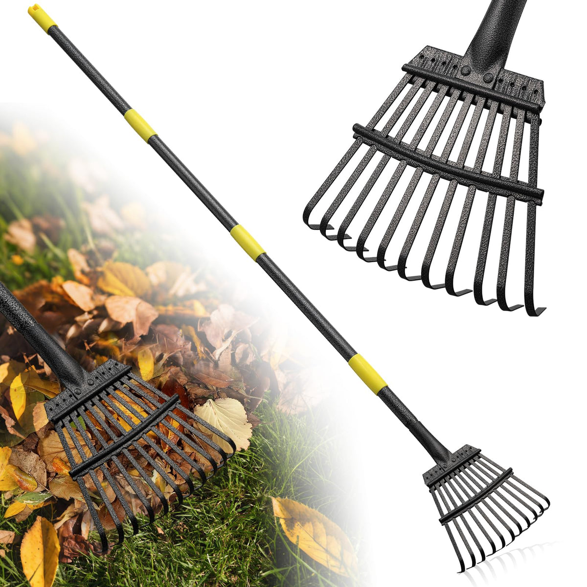 Garden Rake for Leaves: 18” Wide Metal Leaf Rake, 65” Long Adjustable Handle, Heavy Duty 25 Teeth, Fast Kids Women Large Lawn Yard Garden Leaf Cleanup Gardening Rakes: Grass,Debris,Pine Needles Pick