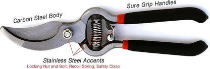 GARDEN GURU Classic Bypass Pruning Shears Clippers – Heavy Duty Forged Steel Garden Pruners – Safety Lock – Non Slip Comfort Grips – Cuts up to 1” Diameter – Professional Bypass Pruners for Gardening