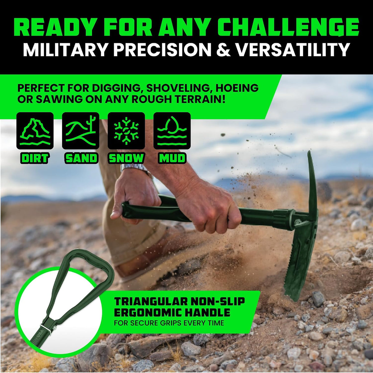 Rhino USA Folding Survival Shovel with Pick - Military Entrenching Tool