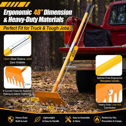Rake Hoe Steel with 48 Inch Fiberglass Handle Fire Rake Hoe for Multi-use Landscaping and Forestry, Raking, Scraping, Grubbing and Tamping