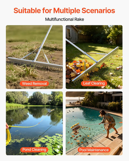 VEVOR Landscape Rake, 36 inch Wide Head 133 inch Handle, Large Heavy Duty Aluminum Landscaping Leaf Rake Tool, Asphalt Level for Loosening Soil, Garden & Yard, Pond Gravel & Beach Lawn Care, 52ft Rope