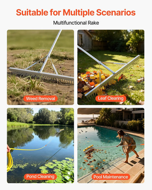 VEVOR Landscape Rake, 36 inch Wide Head 133 inch Handle, Large Heavy Duty Aluminum Landscaping Leaf Rake Tool, Asphalt Level for Loosening Soil, Garden & Yard, Pond Gravel & Beach Lawn Care, 52ft Rope
