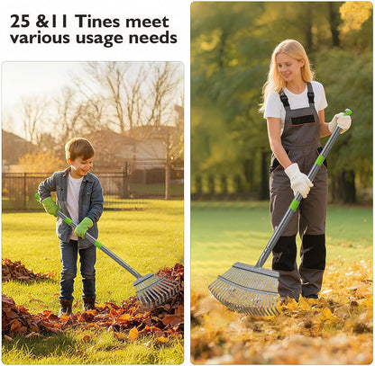 Adjustable Metal Leaf Rake with 2 Pcs Head(18"&8"),36-73" Long Rake Handle