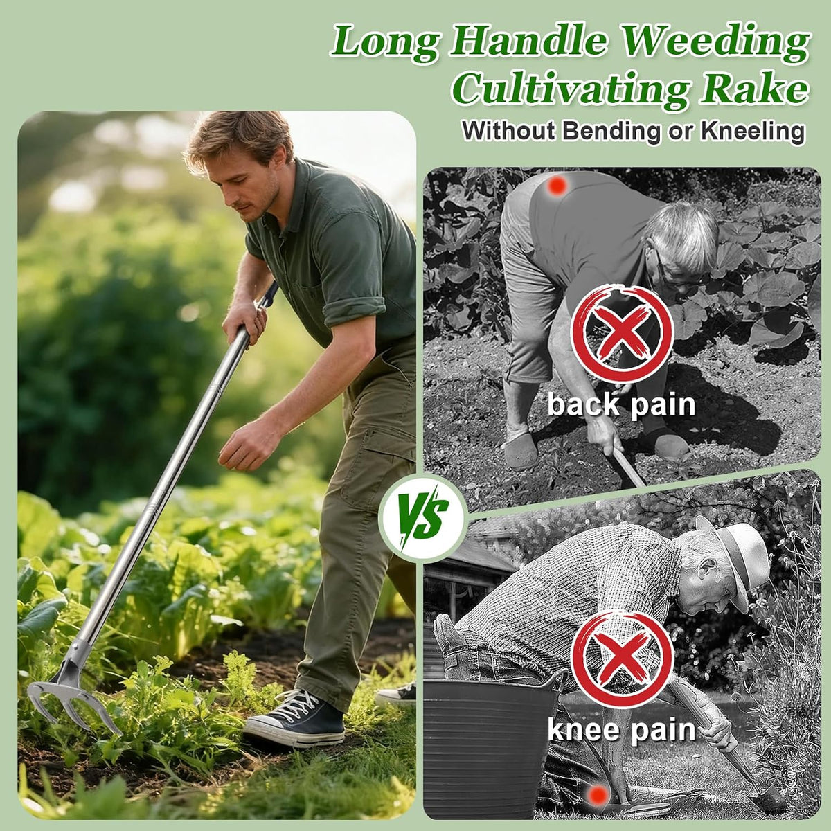 COCONUT 65” Long Handle Weeding and Cultivating Rake, 3-Tine Garden Rake for Stand Up Gardening, No Bending or Kneeling to Loosen Soil, Heavy Duty Steel with D-Grip Handle