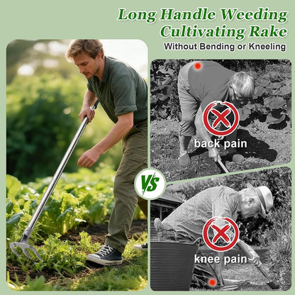 COCONUT 65” Long Handle Weeding and Cultivating Rake, 3-Tine Garden Rake for Stand Up Gardening, No Bending or Kneeling to Loosen Soil, Heavy Duty Steel with D-Grip Handle