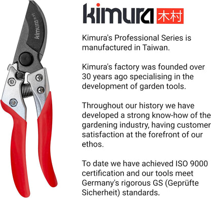 Kimura® 8" Pro Bypass Pruning Shears, Heavy Duty Japanese SK5 Steel Blades, 1 inch Cut Capacity, Non-Slip PVC Coated Handles, Lightweight & Ergonomic, Japanese Pruners, Professional Garden Clippers