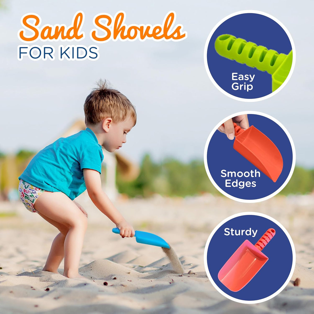 4E's Novelty 4 Pack Beach Shovels 8 Inch, Heavy Duty Plastic Sand Shovel for Kids, - Great for Planting Gardening Shovels for Toddlers, Outdoor Digging Sandbox Toys, Easter Basket Stuffers
