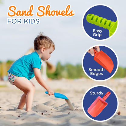4E's Novelty 4 Pack Beach Shovels 8 Inch, Heavy Duty Plastic Sand Shovel for Kids, - Great for Planting Gardening Shovels for Toddlers, Outdoor Digging Sandbox Toys, Easter Basket Stuffers