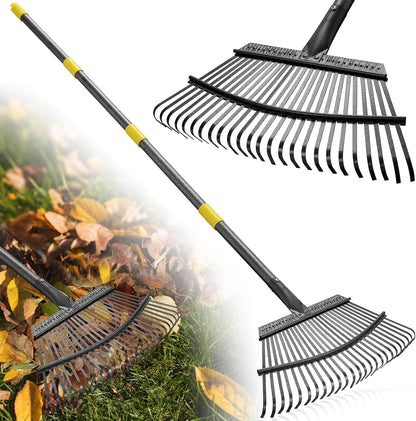 Garden Rake for Leaves: 18” Wide Metal Leaf Rake, 65” Long Adjustable Handle, Heavy Duty 25 Teeth, Fast Kids Women Large Lawn Yard Garden Leaf Cleanup Gardening Rakes: Grass,Debris,Pine Needles Pick