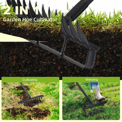 Garden Hoe and 12-Tine Rake 76.8" Stirrup Hoe Heavy Duty 2-in-1 Garden Tool Adjustable Long-Handle Garden Cultivator Durable Weed Puller for Ditching, Weeding and Loosening Soil