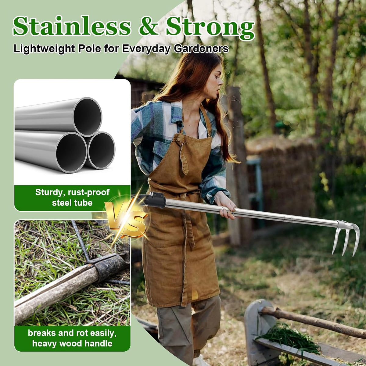COCONUT 65” Long Handle Weeding and Cultivating Rake, 3-Tine Garden Rake for Stand Up Gardening, No Bending or Kneeling to Loosen Soil, Heavy Duty Steel with D-Grip Handle
