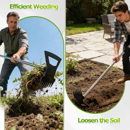 Weed Rake and Garden Hoe,7-Tine Manual Weeder Remover Tool,4-Section Adjustable 2 in 1 Hoe and Rake for Heavy-Duty Root Removal and Weed Clearing in Yards,Lawns,Patios,and Gardens