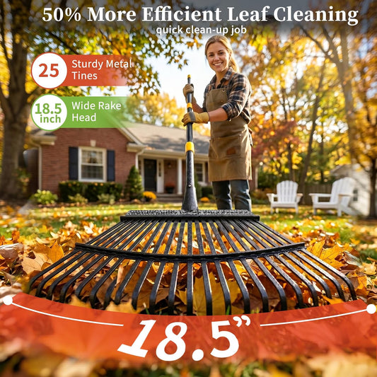 Rake for Leaves Heavy Duty, Large Garden Leaf Rakes for Lawns, 65 Inch Gardening Rake with Back-Saving Long Handle, 18.5” Wide 25 Tines Head for Quick Cleanup Yard Grass Clippings, Anti-Rust