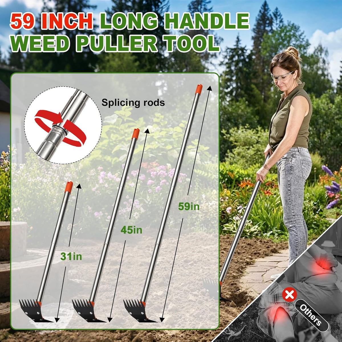 Garden Hoe - Weed Hoe Rake and Cultivator Garden Tool for Weeds Long Handle - Heavy Duty Scuffle Field Grub Dutch Digging Weeding Hand Held Hoes for Gardening (Blaze Orange)