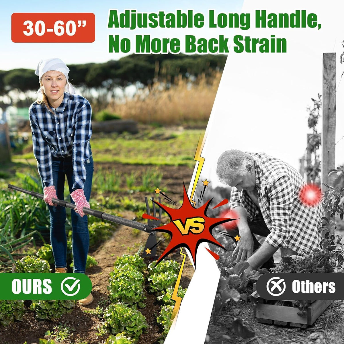Garden Hoe with 3-Tine Cultivator Rake, 2-In-1 Carbon Steel Sharp Weeding Tool with 60 " Long Handle For Weed Removal, Soil Loosening, Planting,Cultivating In Raised Flower Beds,Vegetable Gardens