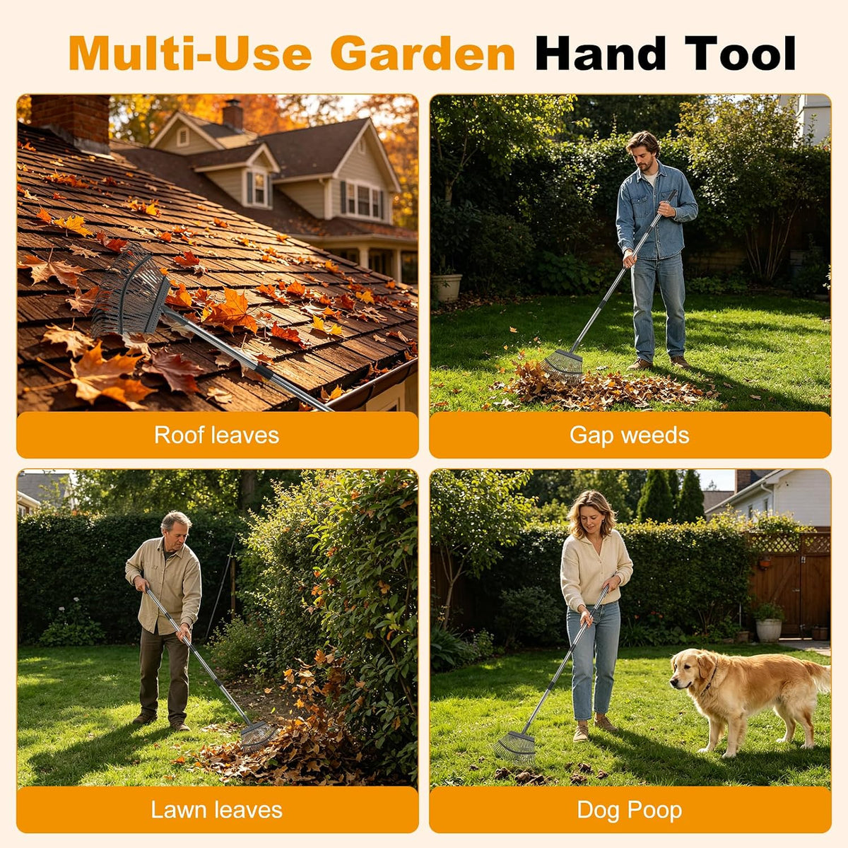 Heavy Duty Garden Rake, Metal Leaf Rake with 73 Inch Adjustable Handle and 25 Tines for Lawn, Yard, Garden Beds, Leaves, Debris and Shrubs