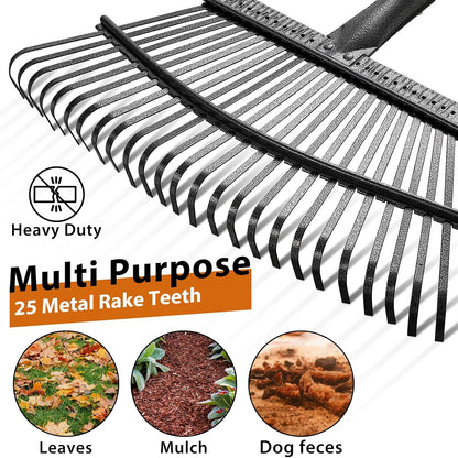 Rake for Leaves: Large 18" Wide Metal Leaf Rake, 65” Long Handle,25 Tines,Heavy Duty Graden Rakes Set for Lawn Yard Pine Needles Mulch Thatch Debris Cleanup Set with 32Gallon Leaf Bags and Scoops