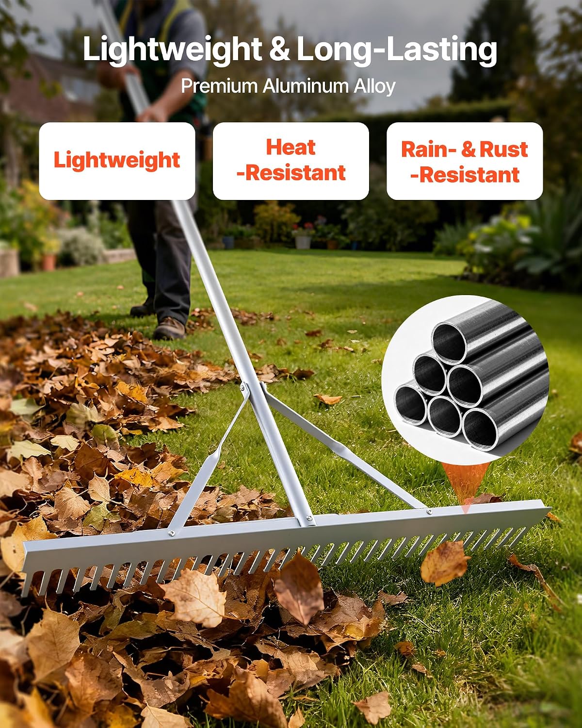VEVOR Landscape Rake, 36 inch Wide Head 133 inch Handle, Large Heavy Duty Aluminum Landscaping Leaf Rake Tool, Asphalt Level for Loosening Soil, Garden & Yard, Pond Gravel & Beach Lawn Care, 52ft Rope