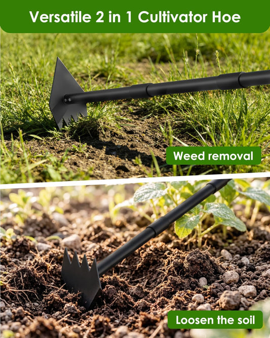 Luvenia Garden Hoe, 46 Inch Long Handle Hoe Garden Tool Heavy Duty, 2 in 1 Weed Rake & Garden Hoe for Women & Family Gardeners, Fast Weeds Grass Removal,Cultivating, Loosen Soil, Sharp Edge