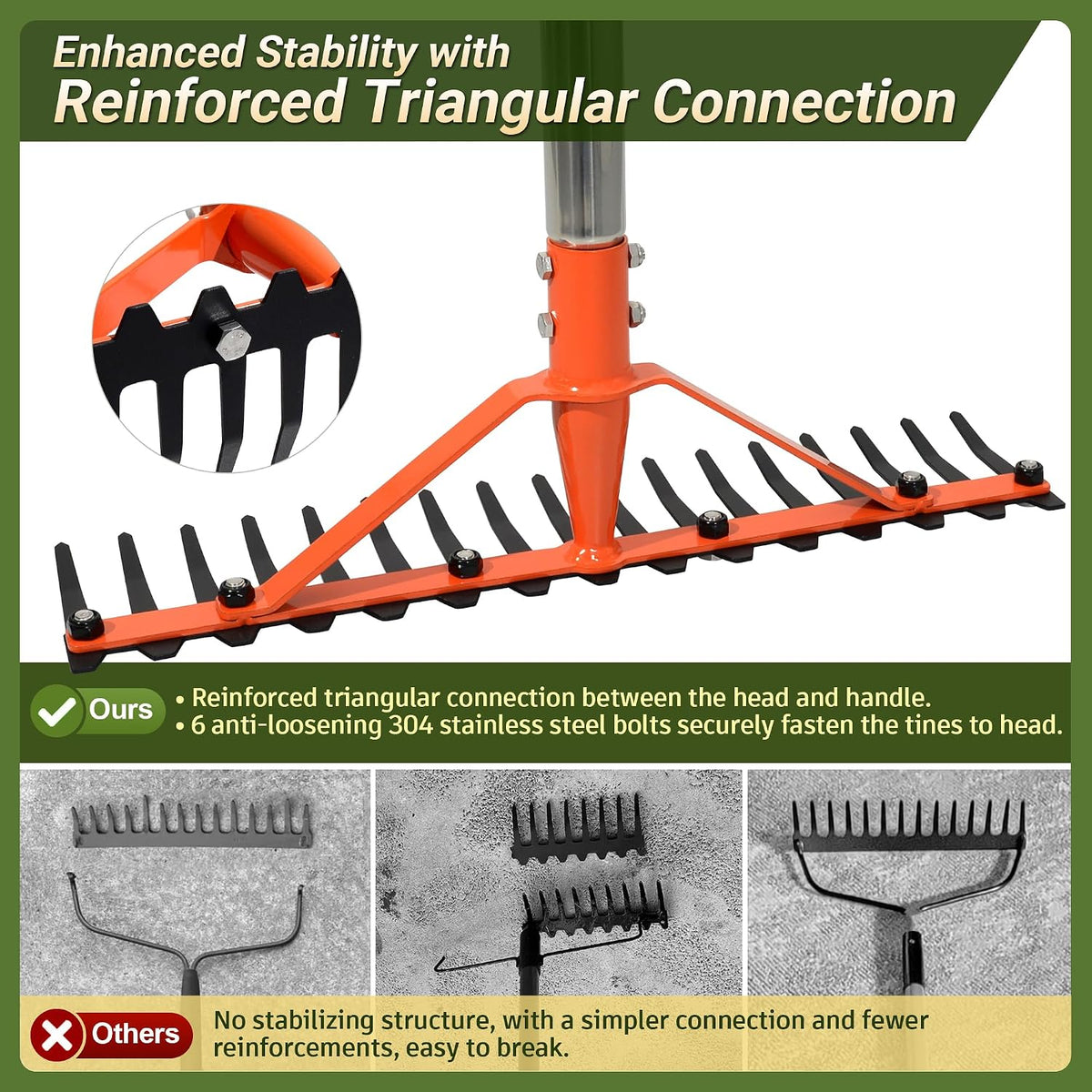 62 Inch Garden Rake with 17 Tempered Spring Steel Tines