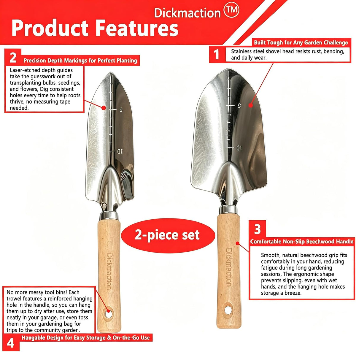 2 Pack Garden Trowel Set Stainless Steel Hand Shovel with Measurement Marks for Digging Planting and Transplanting Garden Work