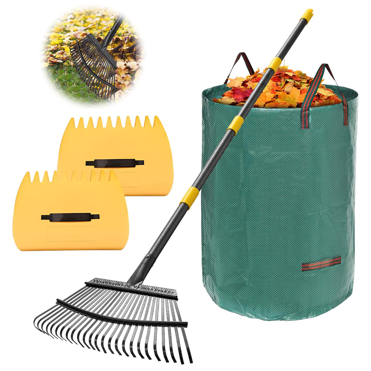 Rake for Leaves: Large 18" Wide Metal Leaf Rake, 65” Long Handle,25 Tines,Heavy Duty Graden Rakes Set for Lawn Yard Pine Needles Mulch Thatch Debris Cleanup Set with 32Gallon Leaf Bags and Scoops