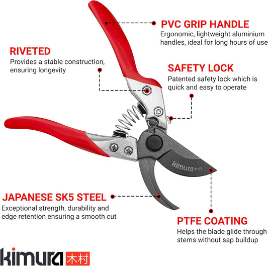 Kimura® 8" Pro Bypass Pruning Shears, Heavy Duty Japanese SK5 Steel Blades, 1 inch Cut Capacity, Non-Slip PVC Coated Handles, Lightweight & Ergonomic, Japanese Pruners, Professional Garden Clippers