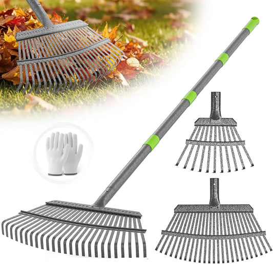 Adjustable Metal Leaf Rake with 2 Pcs Head(18"&8"),36-73" Long Rake Handle