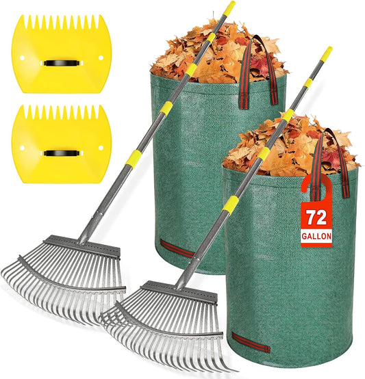 2 Pack Garden Rake for Leaves: 18" Wide Heavy Duty Rakes for Lawns with 72 Gallon Leaf Bags and Scoops, Metal Leaf Rake Set with73 Adjustable Long Handle 25 Tines for Yard, Garden, Lawn