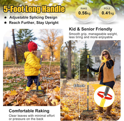 Garden Rake for Leaves: 18” Wide Metal Leaf Rake, 65” Long Adjustable Handle, Heavy Duty 25 Teeth, Fast Kids Women Large Lawn Yard Garden Leaf Cleanup Gardening Rakes: Grass,Debris,Pine Needles Pick