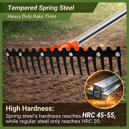 62 Inch Garden Rake with 17 Tempered Spring Steel Tines