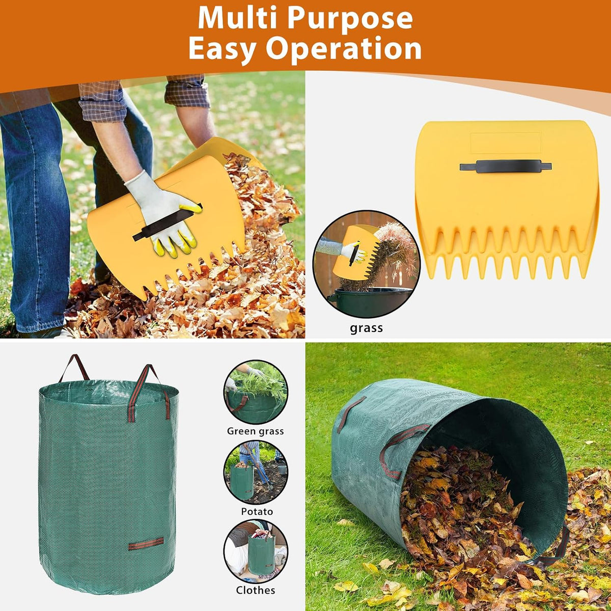 Rake for Leaves: Large 18" Wide Metal Leaf Rake, 65” Long Handle,25 Tines,Heavy Duty Graden Rakes Set for Lawn Yard Pine Needles Mulch Thatch Debris Cleanup Set with 32Gallon Leaf Bags and Scoops