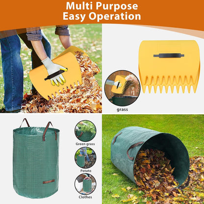 Rake for Leaves: Large 18" Wide Metal Leaf Rake, 65” Long Handle,25 Tines,Heavy Duty Graden Rakes Set for Lawn Yard Pine Needles Mulch Thatch Debris Cleanup Set with 32Gallon Leaf Bags and Scoops