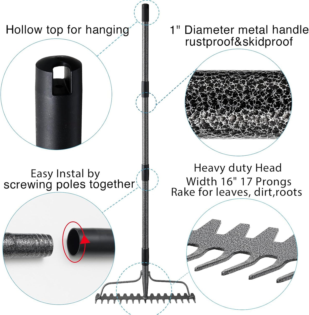 Bow Rake, 17 Prongs Leaf RakeThatch Rake for Lawn,63 Inch Long Handle Yard Rock Rake for Gardening,Detachable Heavy Duty Metal Garden Rake for Loosening Soil, Leveling Lawn, Leaves Cleaning