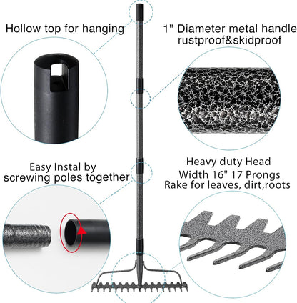 Bow Rake, 17 Prongs Leaf RakeThatch Rake for Lawn,63 Inch Long Handle Yard Rock Rake for Gardening,Detachable Heavy Duty Metal Garden Rake for Loosening Soil, Leveling Lawn, Leaves Cleaning