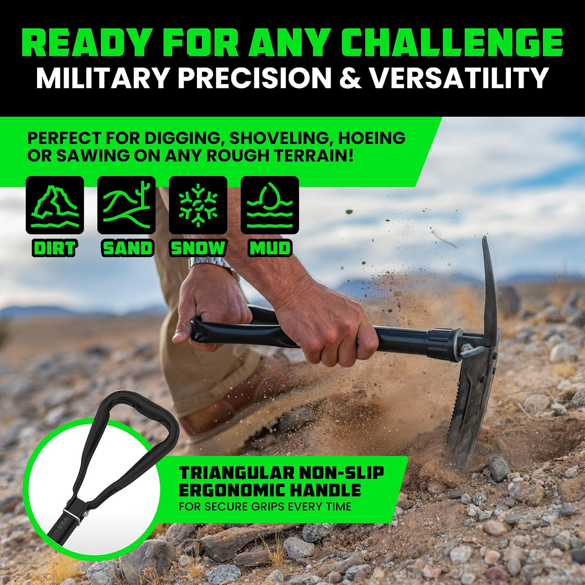 Rhino USA Folding Survival Shovel with Pick - Military Entrenching Tool