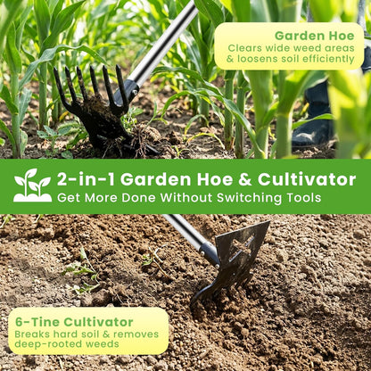 2 in 1 Garden Hoe for Weeding and Cultivator Rake with 57" Long Handle