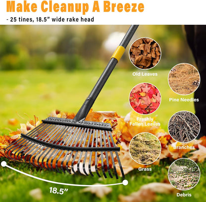 Rake for Leaves - 25 Tines Heavy Duty Metal Rake Set with Leaf Scoops & Collector Bag, Adjustable Rakes for Lawns, 3-in-1 Leaf Collection Tool for Efficient Yard Pine Needle Grass Cleanup 5FT