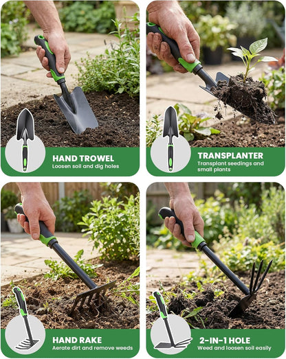 4-Piece Garden Tool Set, Heavy Duty Gardening Hand Tools with Soft Rubber Handle,Green,Premium Stailess Steel,Include Hand Shovel,Transplant Trowel,Hand Rakes, 2-in-1 Hoe and Cultivator