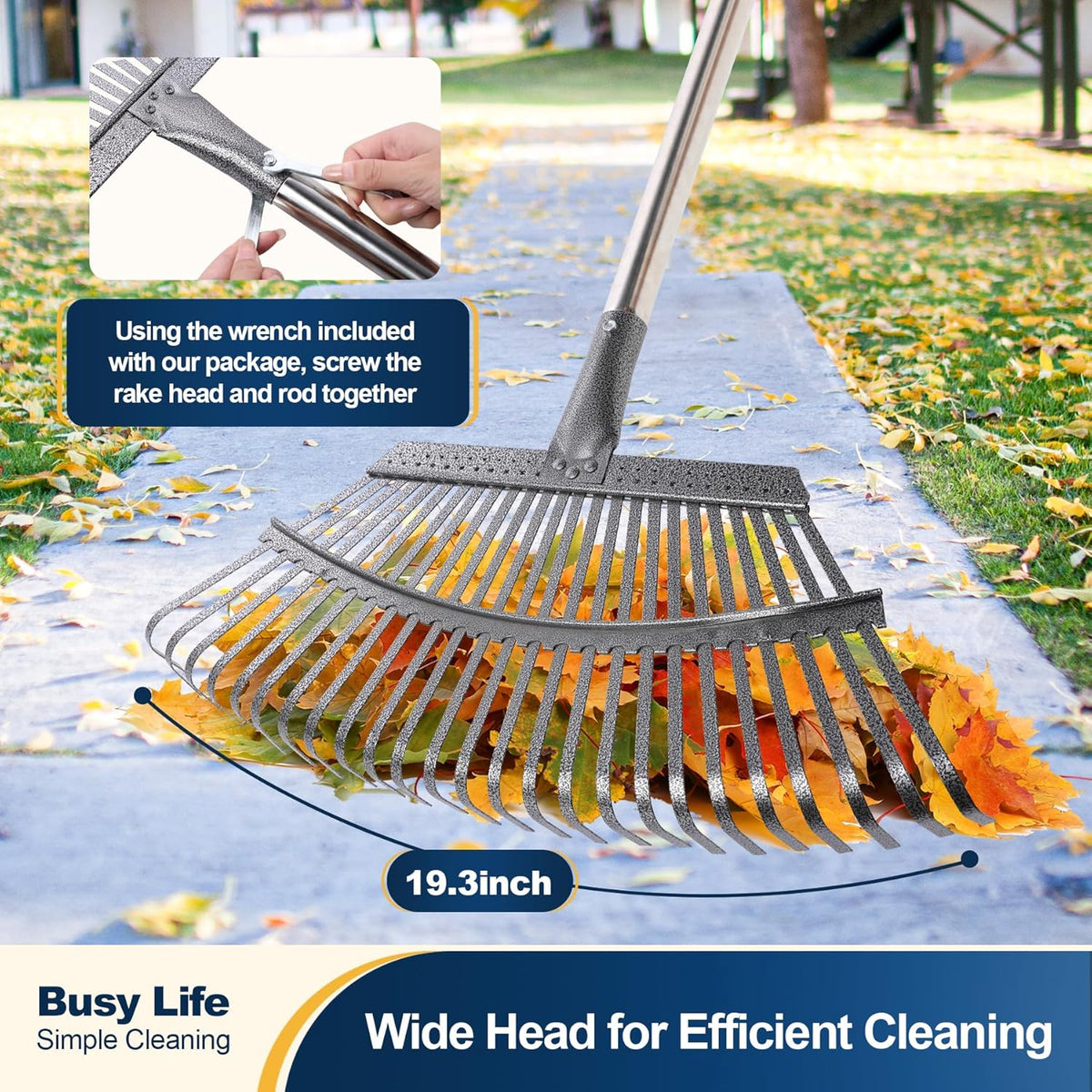 Yocada 19.3" Garden Leaf Rake Wide Heavy Duty (25 Tines) 68.9"